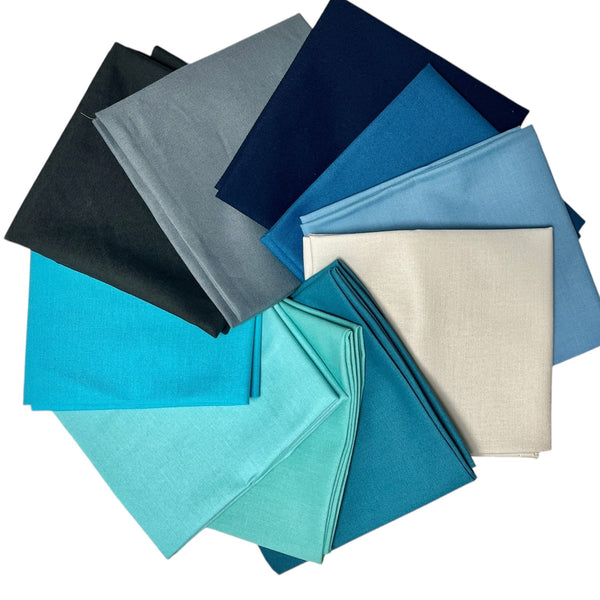 Preppy blues solid fat quarter bundle x 10
