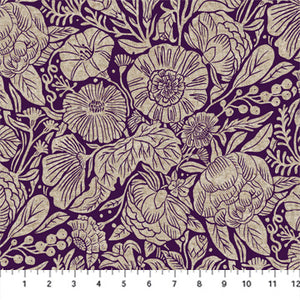 In the Dawn - Large Flowers Plum on beige cotton/linen blend