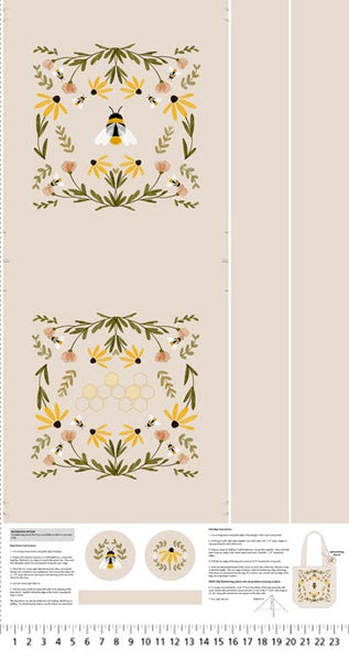 Decorative fabric panel with floral and bee design on a beige background