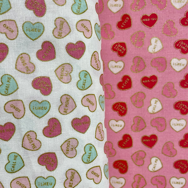 Conversation Hearts on pink by Riley Blake Designs